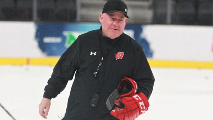 Wisconsin coach Mike Hastings skates off the ice following his team's practice at the Frozen Four at T-Mobile Arena in Las Vegas, Nevada on Wednesday April 8, 2026.