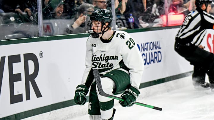 Michigan State's Daniel Russell celebrates his goal against Ohio State in the second period of the Big Ten tournament game on Saturday, March 16, 2024, at Munn Arena in East Lansing.
