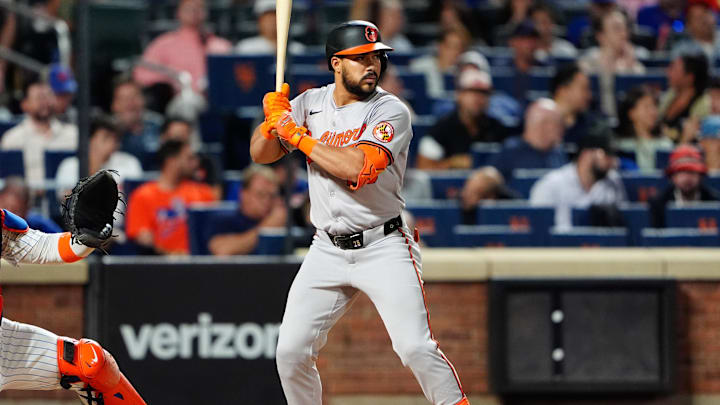 Aug 19, 2024; New York City, New York, USA; Baltimore Orioles right fielder Anthony Santander (25) at bat against the New York Mets during the fourth inning at Citi Field. Mandatory Credit: Gregory Fisher-Imagn Images
