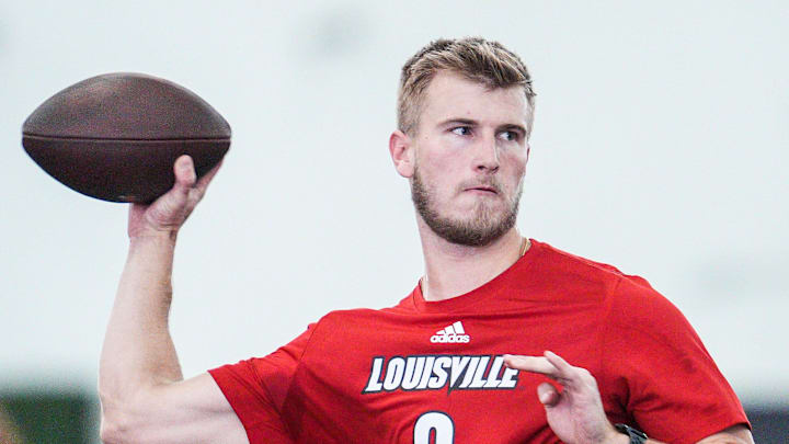 Louisville quarterback Tyler Shough throws a pass during Pro Day.