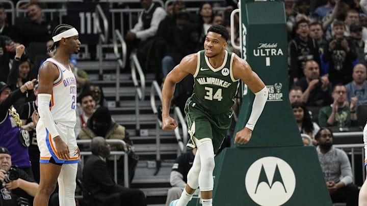 Mar 24, 2024; Milwaukee, Wisconsin, USA;  Milwaukee Bucks forward Giannis Antetokounmpo (34) reacts after scoring a basket during the first quarter against the Oklahoma City Thunder at Fiserv Forum. Mandatory Credit: Jeff Hanisch-Imagn Images