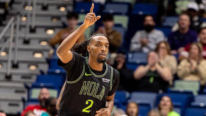 Dec 11, 2025; New Orleans, Louisiana, USA;  New Orleans Pelicans forward Herbert Jones (2) reacts to making a basket against the Portland Trail Blazers during the first half at Smoothie King Center. Mandatory Credit: Stephen Lew-Imagn Images
