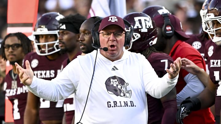 Sep 27, 2025; College Station, Texas, USA; Texas A&M Aggies head coach Mike Elko reacts against the Auburn Tigers during the fourth quarter at Kyle Field. Mandatory Credit: Maria Lysaker-Imagn Images 