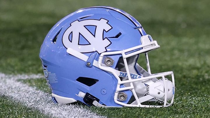 Oct 28, 2023; Atlanta, Georgia, USA; A detailed view of a North Carolina Tar Heels helmet on the field before a game against the Georgia Tech Yellow Jackets at Bobby Dodd Stadium at Hyundai Field. Mandatory Credit: Brett Davis-Imagn Images