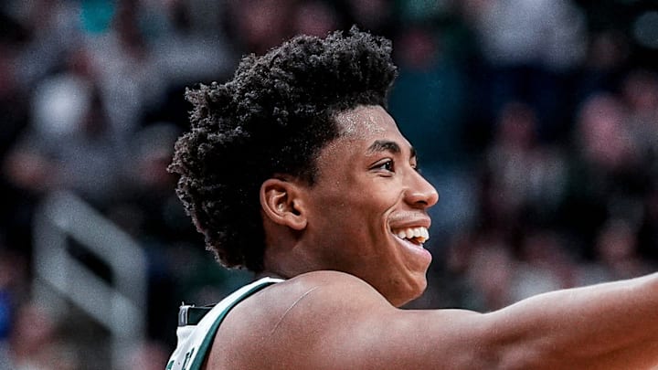 Michigan State guard Jeremy Fears Jr. (1) reacts to a play against Indiana during the second half at Breslin Center in East Lansing on Tuesday, Jan. 13, 2026.