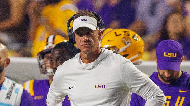 LSU Tigers head coach Lane Kiffin looks on against the McNeese Cowboys during the first half at Tiger Stadium. LSU Tigers head coach Lane Kiffin looks on against the McNeese Cowboys during the first half at Tiger Stadium.