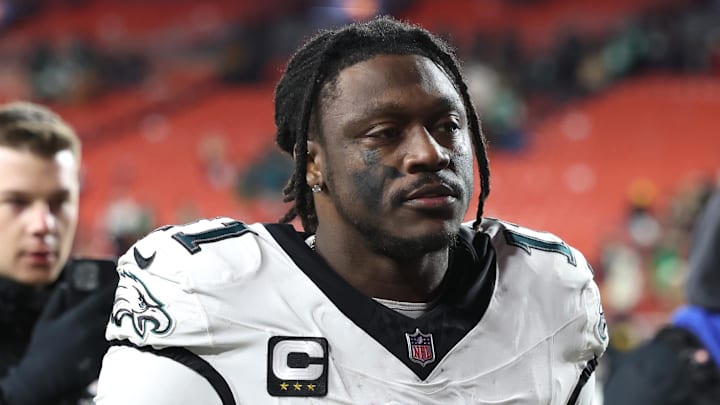 Dec 20, 2025; Landover, Maryland, USA; Philadelphia Eagles wide receiver A.J. Brown (11) leaves the field after the game against the Washington Commanders at Northwest Stadium. Mandatory Credit: Geoff Burke-Imagn Images
