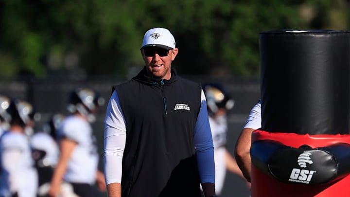 Jacksonville Jaguars head coach Liam Coen looks on during an NFL training camp session at the Miller Electric Center, Tuesday, July 29, 2025, in Jacksonville, Fla. [Corey Perrine/Florida Times-Union]