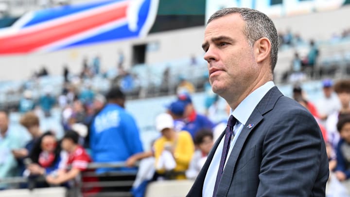 Jan 11, 2026; Jacksonville, FL, USA; Buffalo Bills general manager Brandon Beane before an an AFC Wild Card Round game against the Jacksonville Jaguars at EverBank Stadium. Mandatory Credit: Melina Myers-Imagn Images