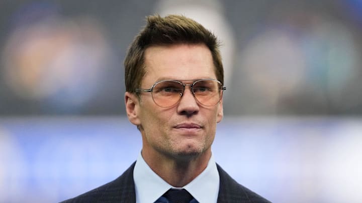 Dec 14, 2025; Inglewood, California, USA; Fox broadcaster Tom Brady is seen prior to the game between the Detroit Lions and the Los Angeles Rams at SoFi Stadium. Mandatory Credit: Kirby Lee-Imagn Images