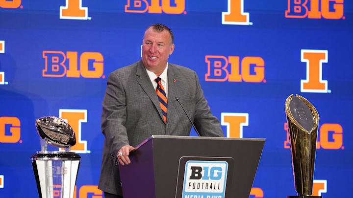 Jul 22, 2025; Las Vegas, NV, USA; Illinois head coach Bret Bielema speaks to the media during the Big Ten NCAA college football media days at Mandalay Bay Resort. Mandatory Credit: Lucas Peltier-Imagn Images