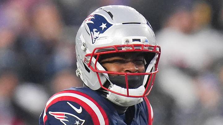 Jan 18, 2026; Foxborough, MA, USA; New England Patriots wide receiver Kayshon Boutte (9) reacts after a play in the second quarter against the Houston Texans in an AFC Divisional Round game at Gillette Stadium. Mandatory Credit: David Butler II-Imagn Images