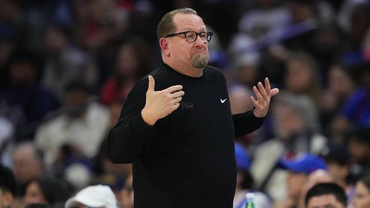 Philadelphia, Pennsylvania, USA; Philadelphia 76ers head coach Nick Nurse reacts against the New York Knicks in the second quarter during game four of the second round of the 2026 NBA Playoffs at Xfinity Mobile Arena on May 10, 2026. Philadelphia, Pennsylvania, USA; Philadelphia 76ers head coach Nick Nurse reacts against the New York Knicks in the second quarter during game four of the second round of the 2026 NBA Playoffs at Xfinity Mobile Arena on May 10, 2026.