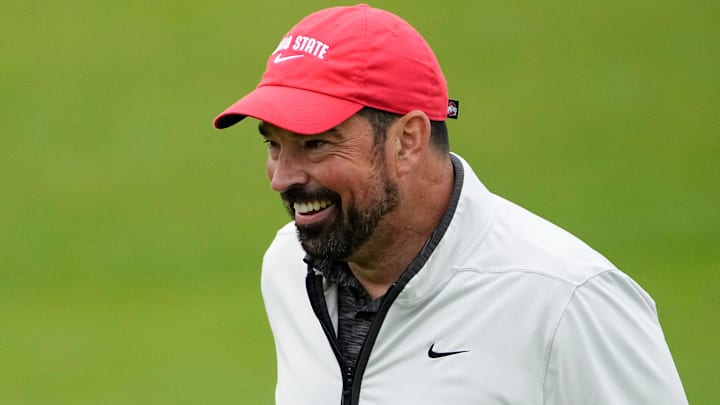 Ohio State football head coach Ryan Day reacts after his putt on 18 during the Workday Golden Bear Pro-Am at Muirfield Village Golf Club in Dublin, Ohio on May 28, 2025.