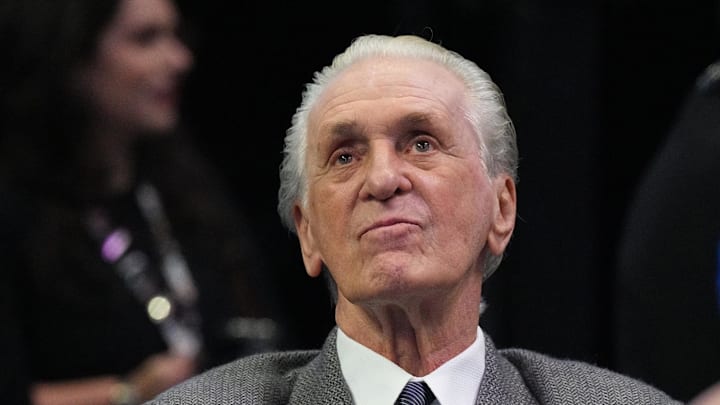 Dec 10, 2022; Miami, Florida, USA; Miami Heat team president Pat Riley looks on during the first half of a game against the San Antonio Spurs at FTX Arena. Mandatory Credit: Jim Rassol-Imagn Images