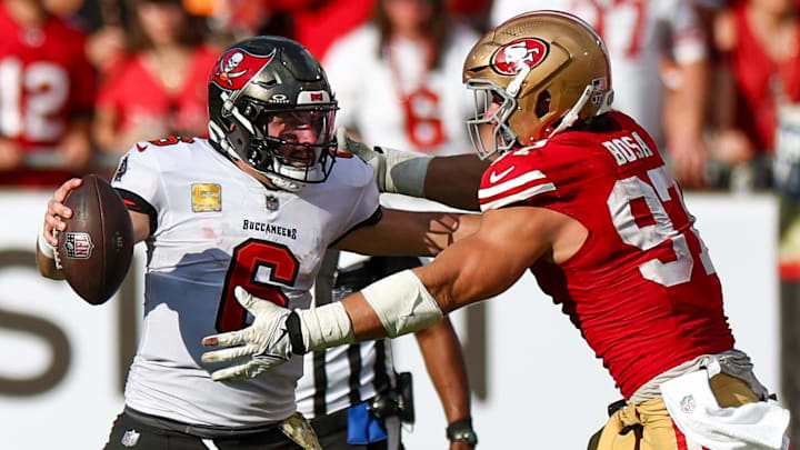 Nov 10, 2024; Tampa, Florida, USA; Tampa Bay Buccaneers quarterback Baker Mayfield (6) Mandatory Credit: Nathan Ray Seebeck-Imagn Images