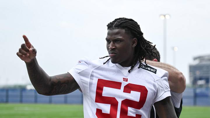 May 9, 2026; East Rutherford, NJ, USA; New York Giants linebacker Arvell Reese (52) looks on after a press conference at rookie minicamp at Quest Diagnostics Training Center. Mandatory Credit: John Jones-Imagn Images