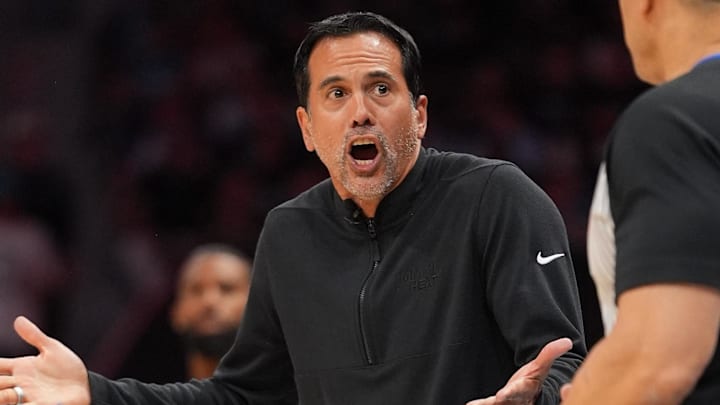 Miami Heat Head Coach Erik Spoelstra objects to a call (Mandatory Credit: Jim Dedmon-Imagn Images)