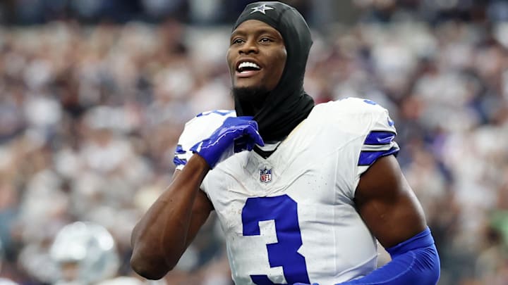 Dallas Cowboys wide receiver George Pickens (3) reacts after a play against the New York Giants during the fourth quarter at AT&T Stadium.