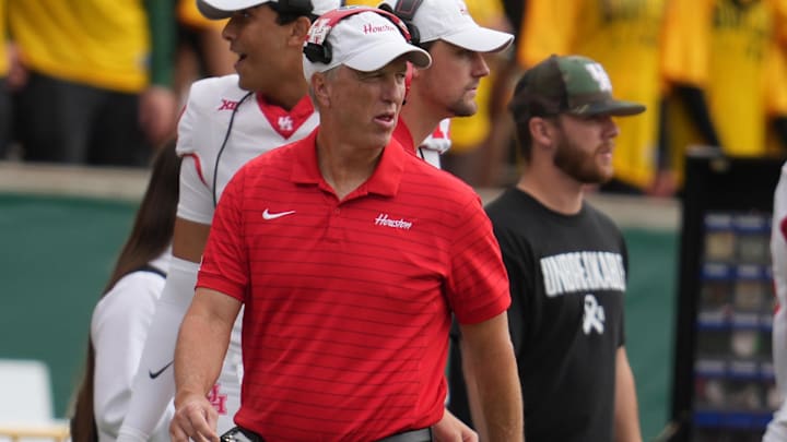 Houston Cougars head coach Willie Fritz reacts on the sidelines against the Baylor Bears during the second half at McLane Stadium.
