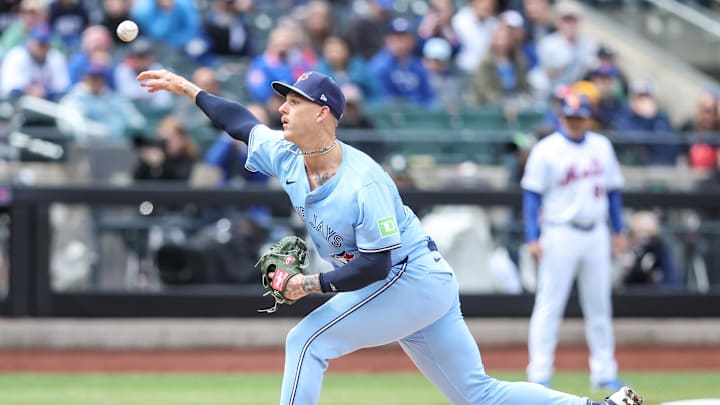 Apr 6, 2025; New York City, New York, USA;  Toronto Blue Jays starting pitcher Bowden Francis (44) pitches in the first inning against the New York Mets at Citi Field. 