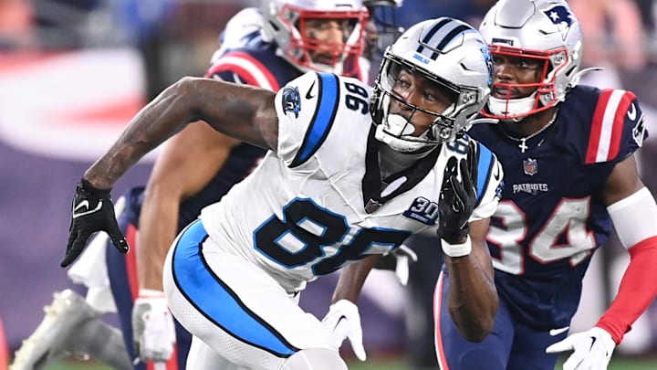 August 8, 2024; Foxborough, MA, USA;  Carolina Panthers wide receiver Mike Strachan (86) runs a route during the second half against the Carolina Panthers at Gillette Stadium. Mandatory Credit: Eric Canha-Imagn Images