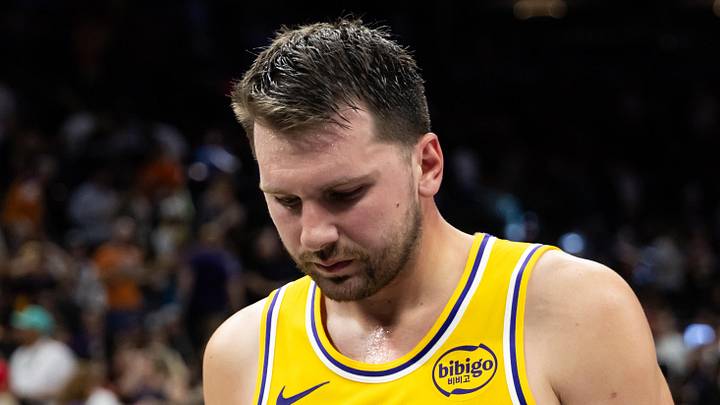 Feb 26, 2026; Phoenix, Arizona, USA; Los Angeles Lakers guard Luka Doncic (77) reacts against the Phoenix Suns at Mortgage Matchup Center. Mandatory Credit: Mark J. Rebilas-Imagn Images Feb 26, 2026; Phoenix, Arizona, USA; Los Angeles Lakers guard Luka Doncic (77) reacts against the Phoenix Suns at Mortgage Matchup Center. Mandatory Credit: Mark J. Rebilas-Imagn Images