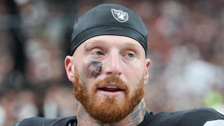 Sep 28, 2025; Paradise, Nevada, USA; Las Vegas Raiders defensive end Maxx Crosby (98) looks on from the sideline during the first quarter against the Chicago Bears at Allegiant Stadium. Mandatory Credit: Kiyoshi Mio-Imagn Images