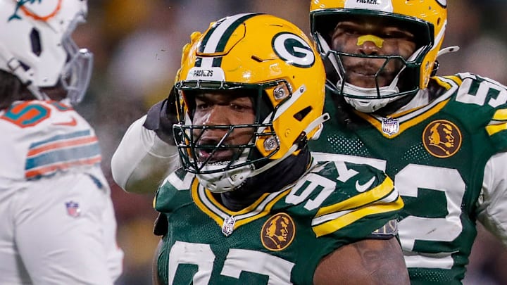 Green Bay Packers defensive tackle Kenny Clark (97) and defensive end Rashan Gary (52) celebrate after Clark sacks Miami Dolphins quarterback Tua Tagovailoa on Thursday, November 28, 2024, at Lambeau Field in Green Bay, Wis. The Packers won the game, 30-17.
Tork Mason/USA TODAY NETWORK-Wisconsin