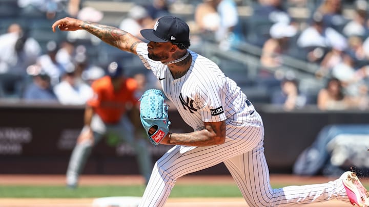 Aug 9, 2025; Bronx, New York, USA;  New York Yankees starting pitcher Luis Gil (81) pitches in the first inning against the Houston Astros at Yankee Stadium. Mandatory Credit: Wendell Cruz-Imagn Images