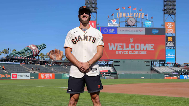 Jul 26, 2023; San Francisco, California, USA; San Francisco Giants 2023 first-round pick Bryce Eldridge before the game against the Oakland Athletics at Oracle Park. Jul 26, 2023; San Francisco, California, USA; San Francisco Giants 2023 first-round pick Bryce Eldridge before the game against the Oakland Athletics at Oracle Park.