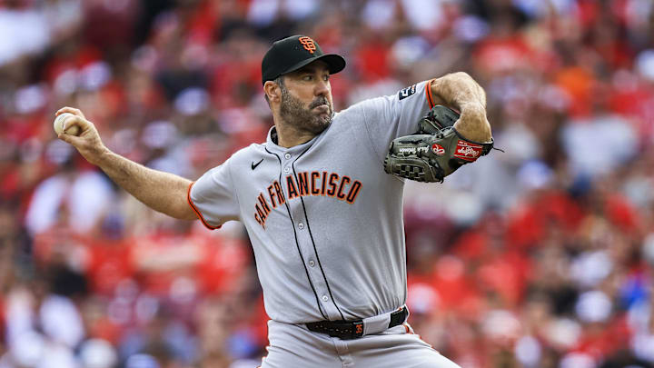 Mar 29, 2025; Cincinnati, Ohio, USA; San Francisco Giants starting pitcher Justin Verlander (35) pitches against the Cincinnati Reds in the first inning at Great American Ball Park. 