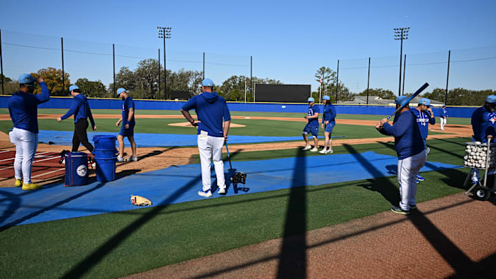 Feb 13, 2026; Dunedin, FL, USA;Members of the Toronto Blue Jays workout during spring training at the Bobby Mattick Training Center at Englebert Complex. 