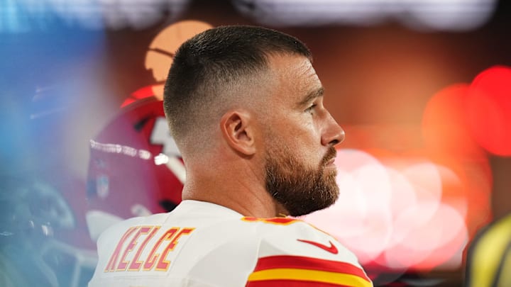 Kansas City Chiefs tight end Travis Kelce (87) stands on the sidelines during their preseason game against the Arizona Cardinals at State Farm Stadium on Aug. 9, 2025.
