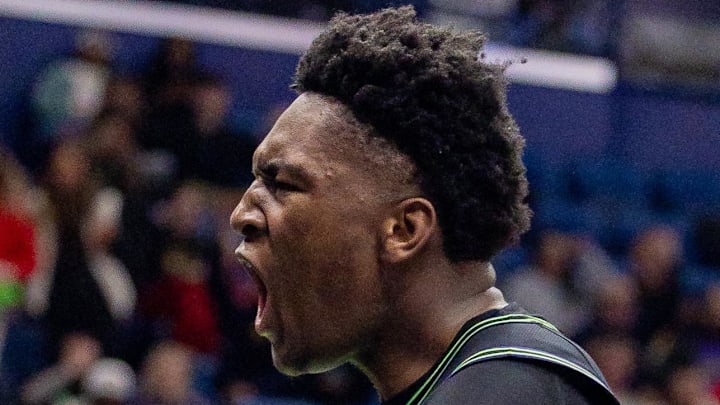 Dec 8, 2025; New Orleans, Louisiana, USA;  New Orleans Pelicans center Derik Queen (22) reacts to a play against the San Antonio Spurs during the second half at Smoothie King Center. Mandatory Credit: Stephen Lew-Imagn Images