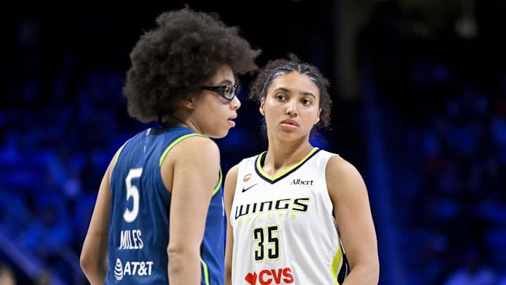 Minnesota Lynx guard Olivia Miles (5) and Dallas Wings guard Azzi Fudd (35)