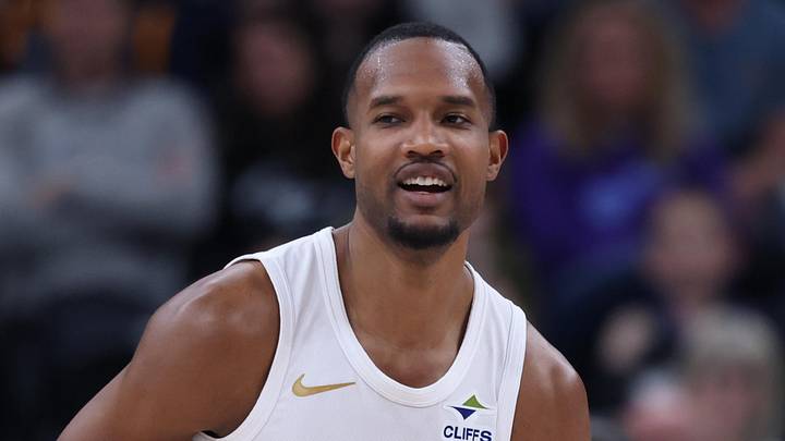 Mar 30, 2026; Salt Lake City, Utah, USA; Cleveland Cavaliers center Evan Mobley (4) reacts after a play against the Utah Jazz during the first half at Delta Center. Mandatory Credit: Rob Gray-Imagn Images