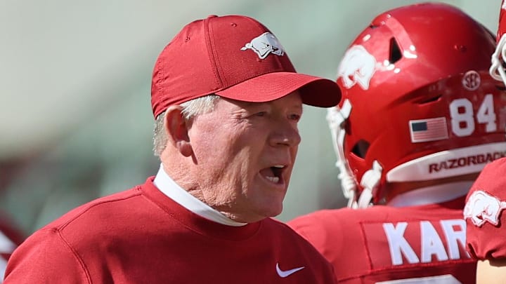 Nov 1, 2025; Fayetteville, Arkansas, USA; Arkansas Razorbacks interim head coach Bobby Petrino prior to the game against the Mississippi State Bulldogs at Donald W. Reynolds Razorback Stadium. Mandatory Credit: Nelson Chenault-Imagn Images