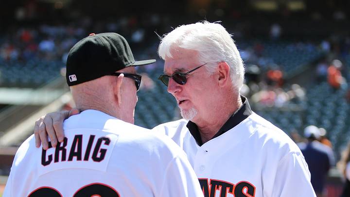 San Francisco, CA, USA; San Francisco Giants former manager Roger Craig and pitcher Mike Krukow during the 1989 team reunion before the game against the Philadelphia Phillies at Oracle Park. Mandatory Credit: Sergio Estrada-USA TODAY Sports San Francisco, CA, USA; San Francisco Giants former manager Roger Craig and pitcher Mike Krukow during the 1989 team reunion before the game against the Philadelphia Phillies at Oracle Park. Mandatory Credit: Sergio Estrada-USA TODAY Sports