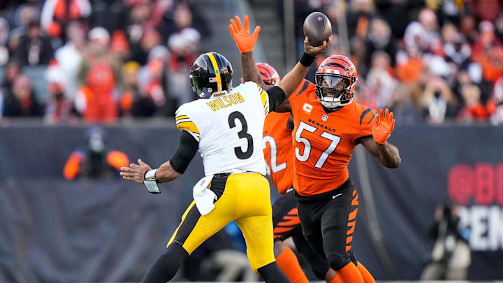 Cincinnati Bengals linebacker Germaine Pratt (57) pressures Pittsburgh Steelers quarterback Russell Wilson (3) as he throws in the fourth quarter of the NFL Week 13 game between the Cincinnati Bengals and the Pittsburgh Steelers at Paycor Stadium in downtown Cincinnati on Sunday, Dec. 1, 2024. The Steelers won 44-38.