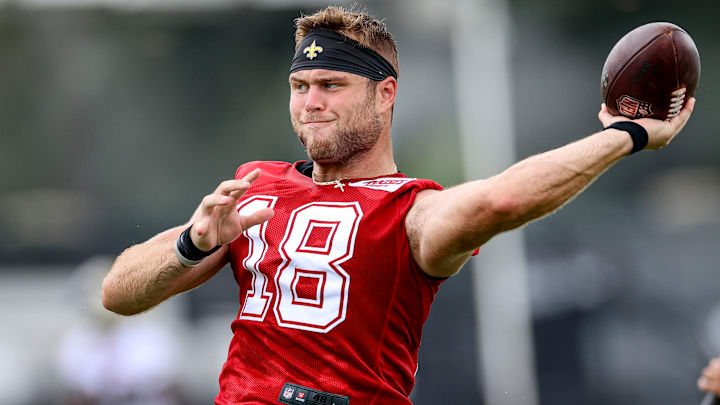 New Orleans Saints QB Hunter Dekkers (18) goes through a drill during training camp New Orleans Saints QB Hunter Dekkers (18) goes through a drill during training camp