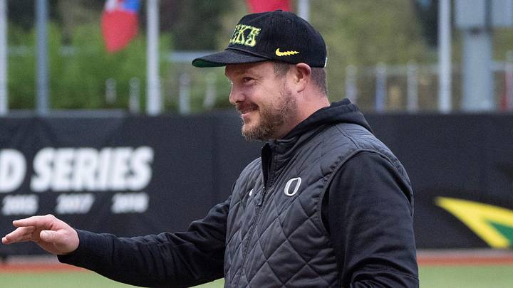 Oregon football coach Dan Lanning introduces the song “Shout” during the Ducks' game against Oregon State at Jane Sanders Stadium in Eugene April 22, 2026.