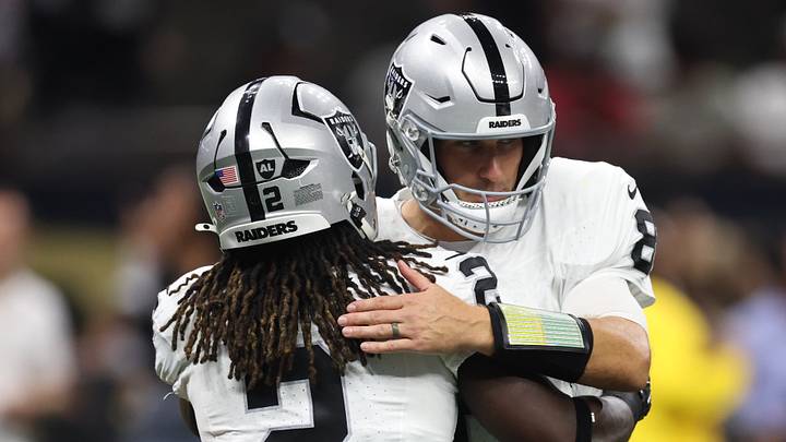 Sep 27, 2026; New Orleans, Louisiana, USA; Las Vegas Raiders quarterback Kirk Cousins (8) hugs running back Ashton Jeanty (2) before the start of the game against the New Orleans Saints at Caesars Superdome. Mandatory Credit: Stephen Lew-Imagn Images Sep 27, 2026; New Orleans, Louisiana, USA; Las Vegas Raiders quarterback Kirk Cousins (8) hugs running back Ashton Jeanty (2) before the start of the game against the New Orleans Saints at Caesars Superdome. Mandatory Credit: Stephen Lew-Imagn Images