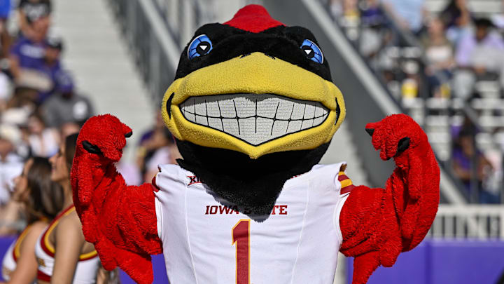 Nov 8, 2025; Fort Worth, Texas, USA;  The Iowa State Cyclones mascot poses for a photo during the game against the TCU Horned Frogs at Amon G. Carter Stadium. 