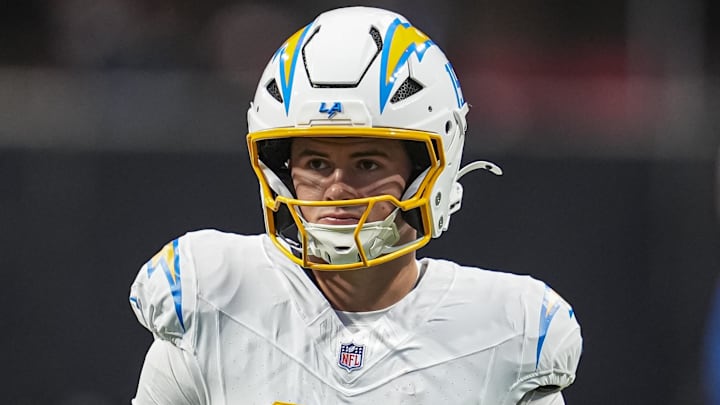 Dec 1, 2024; Atlanta, Georgia, USA; Los Angeles Chargers wide receiver Ladd McConkey (15) shown on the field before the game against the Atlanta Falcons at Mercedes-Benz Stadium. Mandatory Credit: Dale Zanine-Imagn Images Dec 1, 2024; Atlanta, Georgia, USA; Los Angeles Chargers wide receiver Ladd McConkey (15) shown on the field before the game against the Atlanta Falcons at Mercedes-Benz Stadium. Mandatory Credit: Dale Zanine-Imagn Images