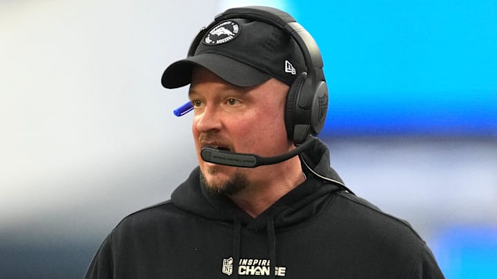 Dec 25, 2022; Inglewood, California, USA; Denver Broncos head coach Nathaniel Hackett reacts in the first half against the Los Angeles Rams at SoFi Stadium. Mandatory Credit: Kirby Lee-Imagn Images