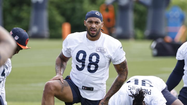 Jun 5, 2024; Lake Forest, IL, USA; Chicago Bears defensive end Montez Sweat (98) looks on during the team's minicamp at Halas Hall. Mandatory Credit: Kamil Krzaczynski-USA TODAY Sports Jun 5, 2024; Lake Forest, IL, USA; Chicago Bears defensive end Montez Sweat (98) looks on during the team's minicamp at Halas Hall. Mandatory Credit: Kamil Krzaczynski-USA TODAY Sports