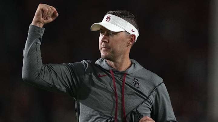 Sep 17, 2022; Los Angeles, California, USA; Southern California Trojans head coach Lincoln Riley reacts in the second half against the Fresno State Bulldogs at United Airlines Field at Los Angeles Memorial Coliseum. Mandatory Credit: Kirby Lee-Imagn Images