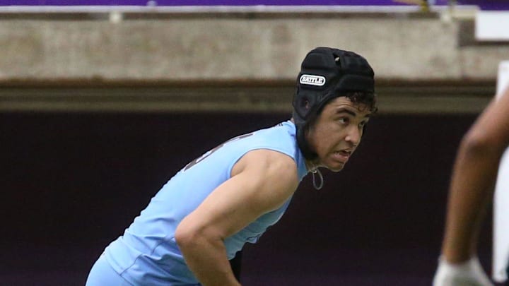 Arena Elite 15U’s Kasen Thomas (9), left, runs a route during a 7-on-7 football tournament Saturday, April 13, 2024 at the UNI Dome in Cedar Falls, Iowa. Arena Elite 15U’s Kasen Thomas (9), left, runs a route during a 7-on-7 football tournament Saturday, April 13, 2024 at the UNI Dome in Cedar Falls, Iowa.