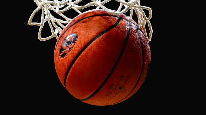 Feb 12, 2025; Columbia, Missouri, USA; A general view of a ball going through the net during the second half between the Oklahoma Sooners and the Missouri Tigers at Mizzou Arena. Mandatory Credit: Jay Biggerstaff-Imagn Images